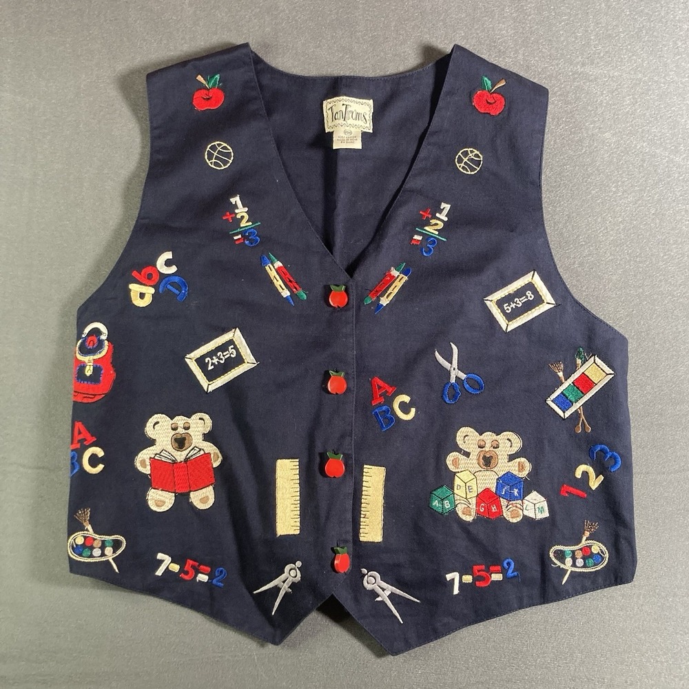 Vintage Tantrums Ladies Blue Teacher Vest Embroidery Bears Blocks Letters PM